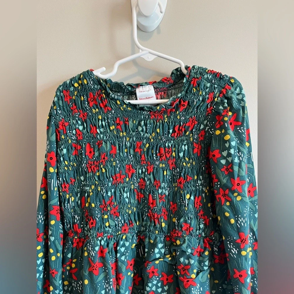 Hanna Andersson Girls Floral Smocked Long Sleeve Dress 120 6-7